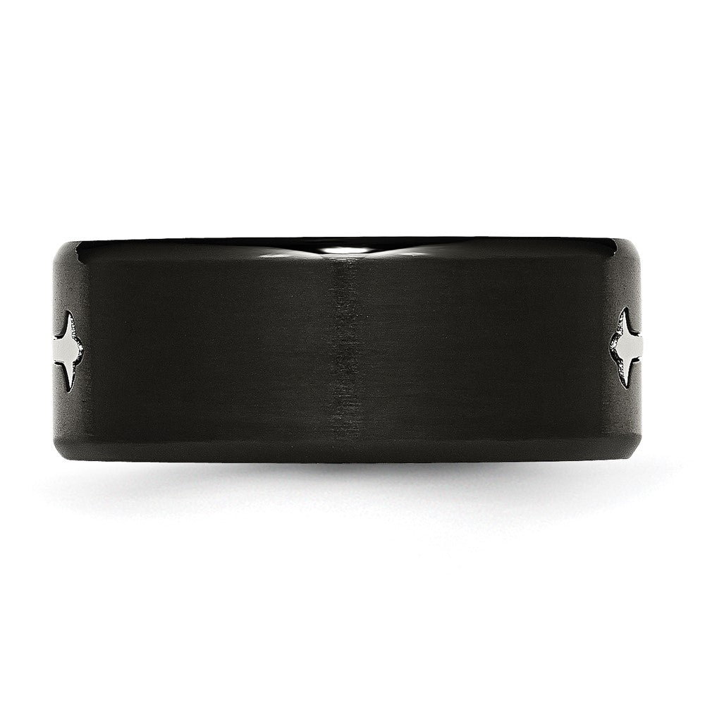 Stainless Steel Brushed Black IP-plated with Cross 9mm Band Size - 9.5