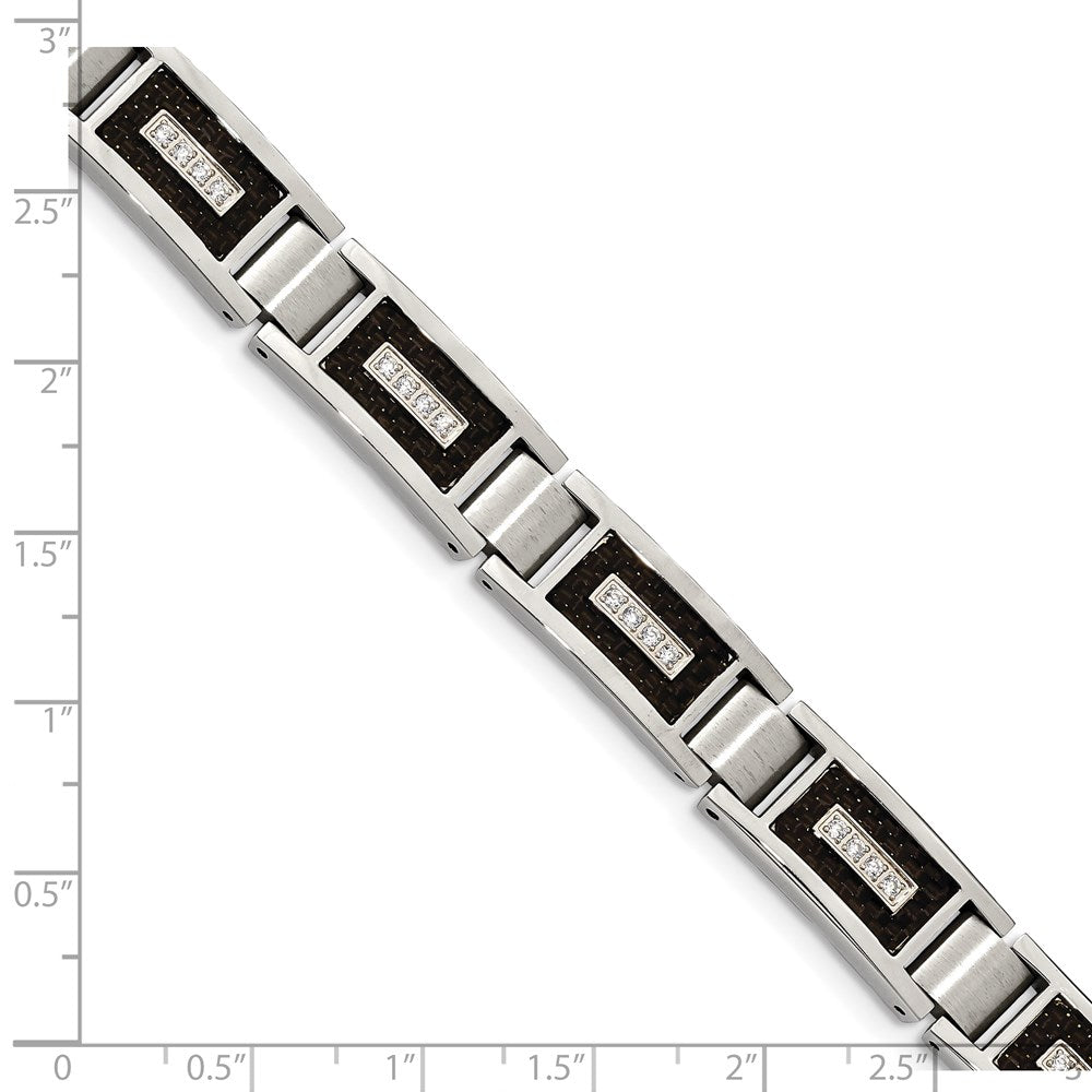 Stainless Steel Brushed & Polished w/CZ Black Carbon Fiber Inlay Bracelet 8.75 inches