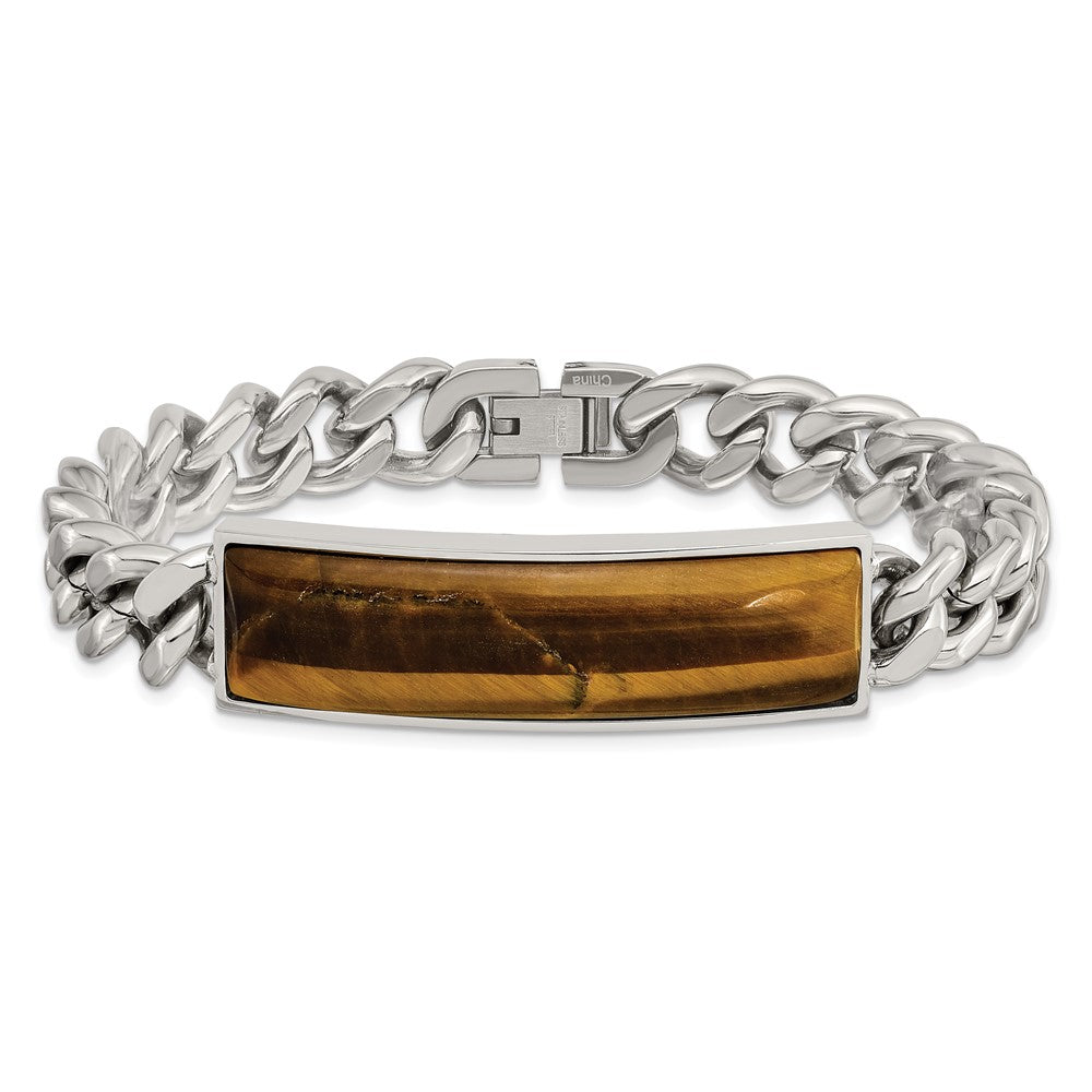 Stainless Steel Polished with Tigers Eye Inlay 8.25in Bracelet 8.25 inches