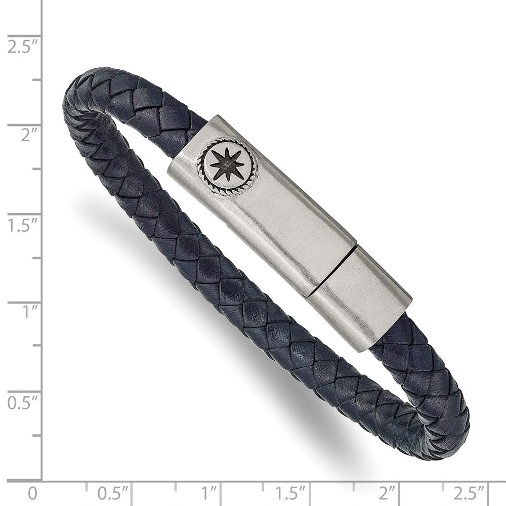 Stainless Steel Antiqued and Brushed Blue Leather Compass 8in Bracelet 8 inches