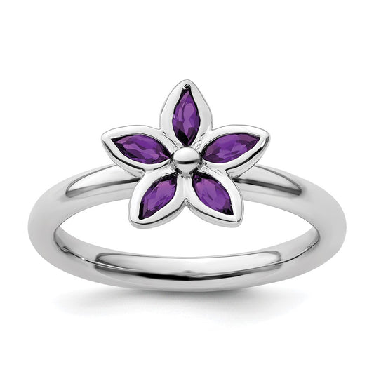 Sterling Silver Stackable Expressions Amethyst Flower Ring Size -8
