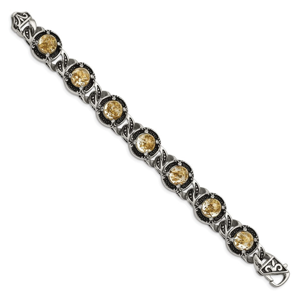 Stainless Steel Antiqued and Polished w/Gold Tin Epoxy Resin 9in Bracelet 9 inches