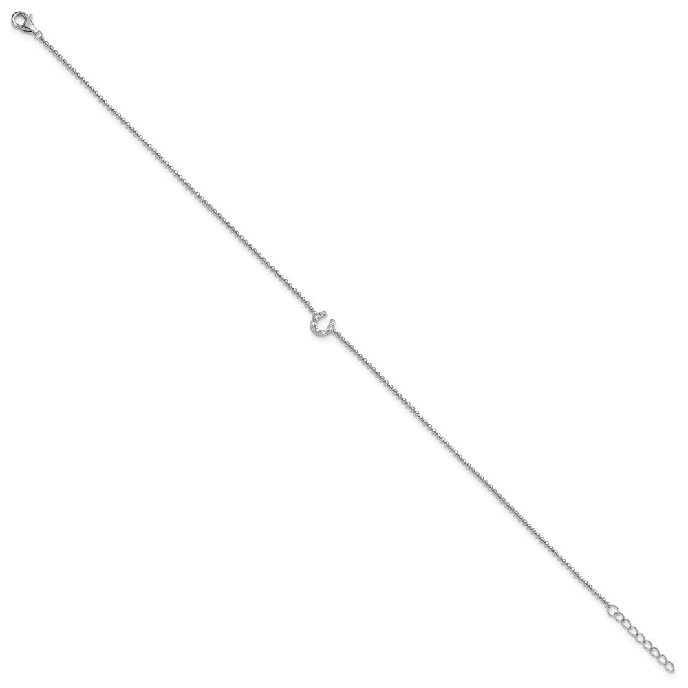 Cheryl M Sterling Silver Rhodium-plated Polished and Beaded CZ Horseshoe 9.5 Inch with 1 Inch Extension Anklet
