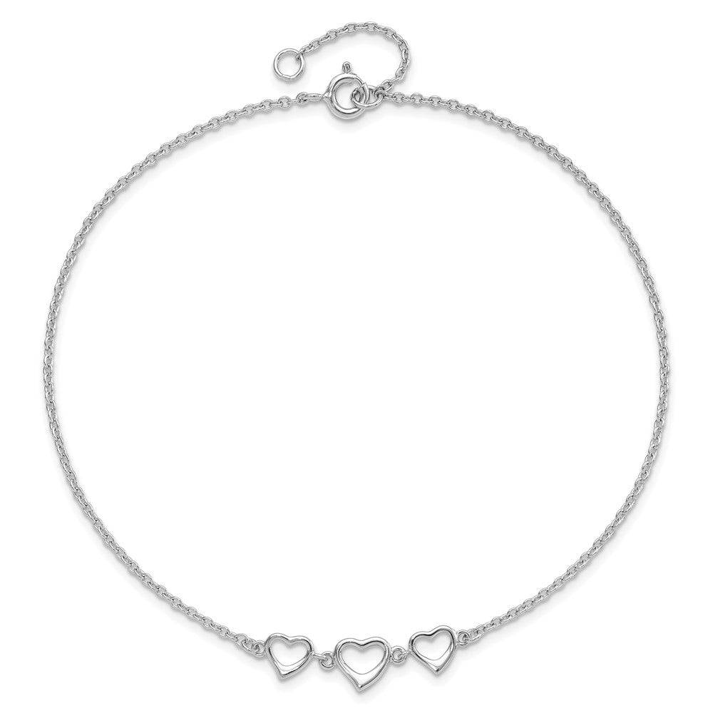 Sterling Silver Rhodium-plated 10 in Plus1 in ext Three Hearts Anklet 10 inches