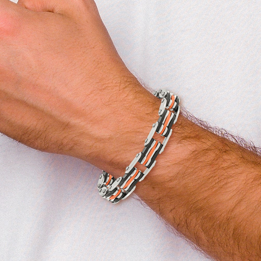 Stainless Steel 8.5in Polished with Rubber Black and Orange Bracelet 8.5 inches