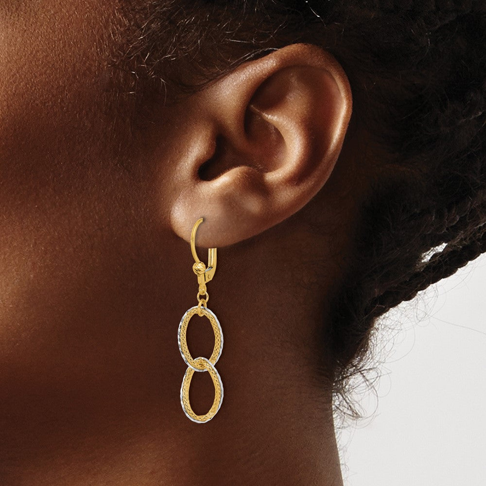 14KTT Pol/Texture/Dia-cut Oval Leverback Dangle Earrings