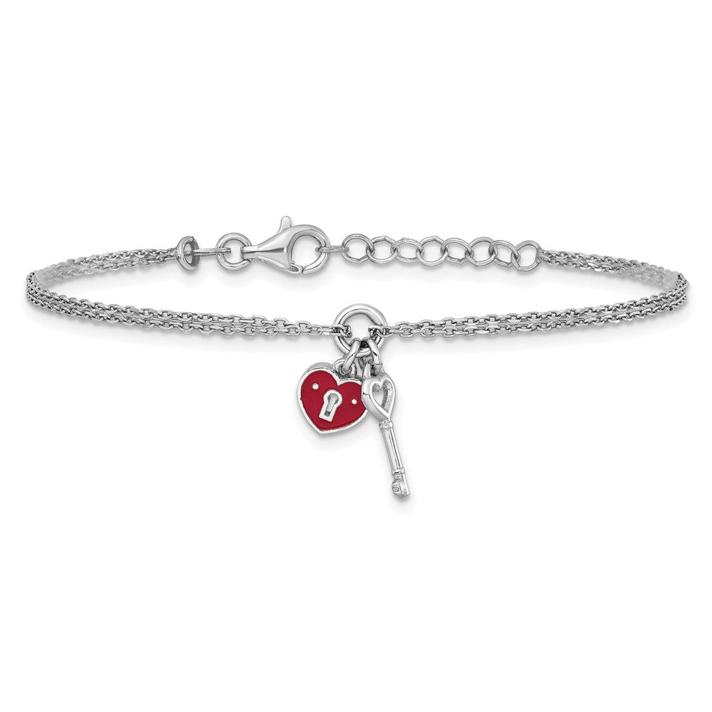 Sterling Silver Rh-plat 2 Strand Enamel Heart Lock Key w/.75in ext Bracelet 7.5 inches