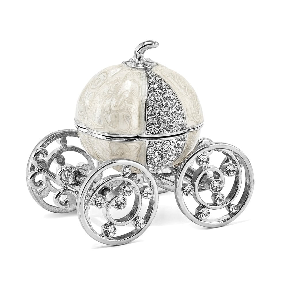 Luxury Giftware by Jere Pewter Bejeweled Crystals Silver-tone Enameled EVER AFTER Pumpkin Coach w/Ring Pad Trinket Box with Matching 18 Inch Necklace QBJ4007S