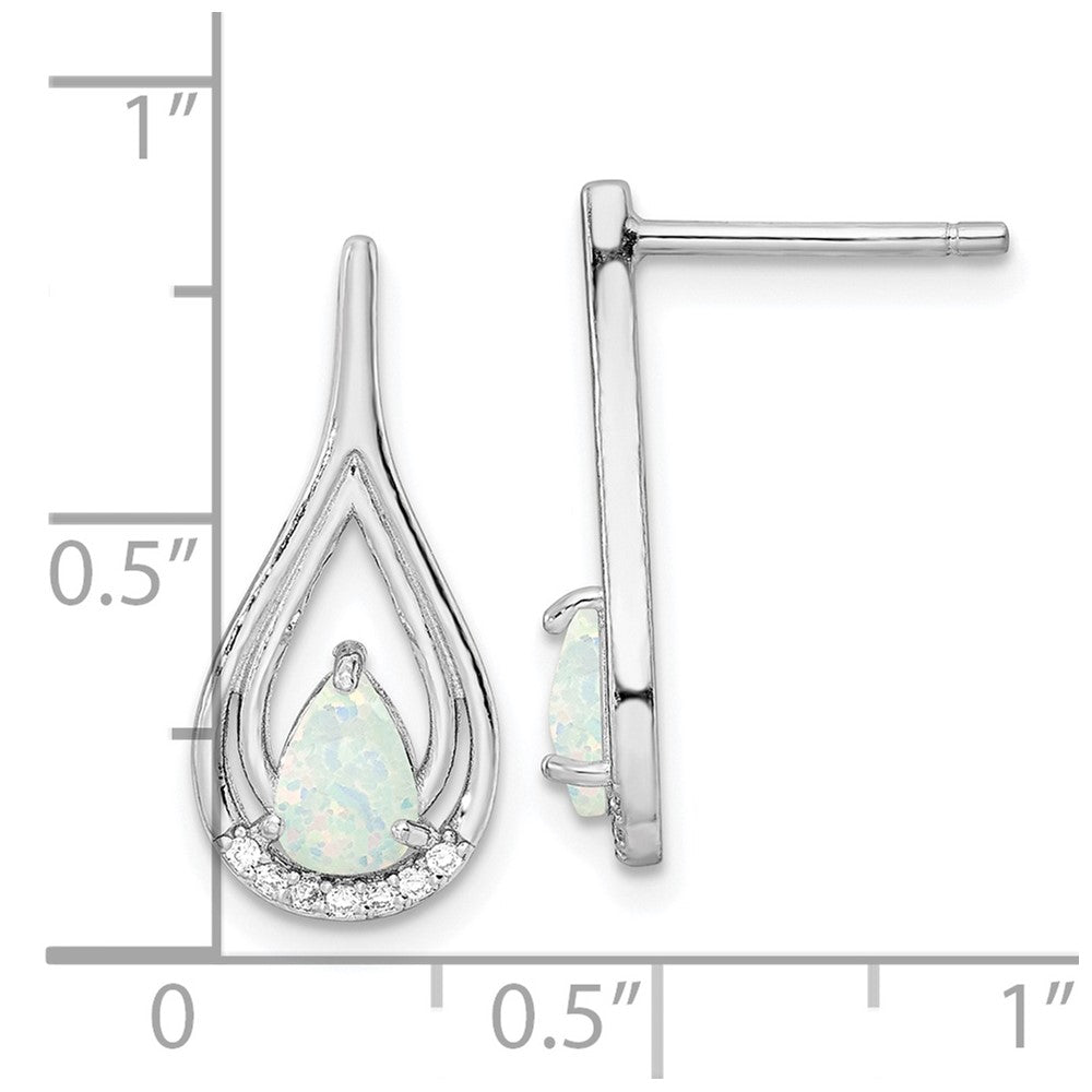 Sterling Silver RH-plated Pear Shape White Created Opal CZ Post Earrings