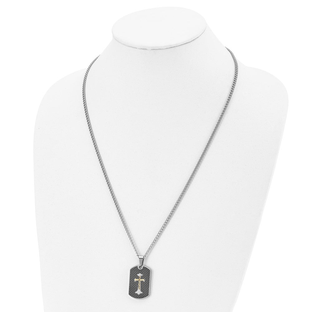 Stainless Steel w/Sterling & Carbon Fiber Inlay Yellow IP Cross Necklace