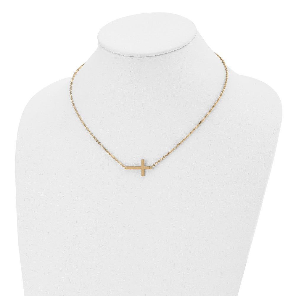 Stainless Steel Polished Yellow IP-plated Sideways Cross 18in Necklace
