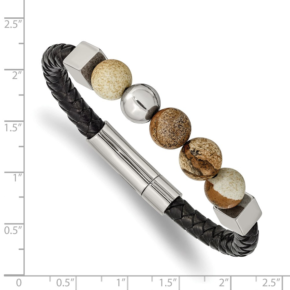 Stainless Steel Polished w/Brown Jasper Black Leather 8in Bracelet 8 inches