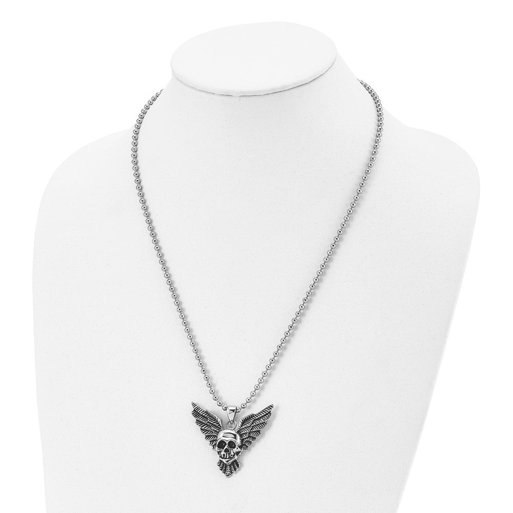 Stainless Steel Antiqued and Polished Skull with Wings 22in Necklace