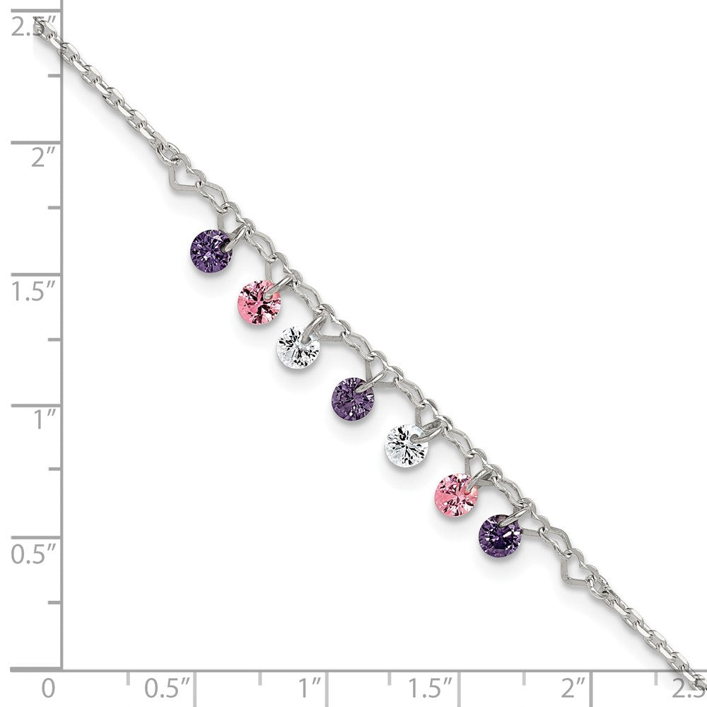 Sterling Silver Polished Purple/Pink/White CZ with Hearts 9 inch with 1 inch Extension Anklet