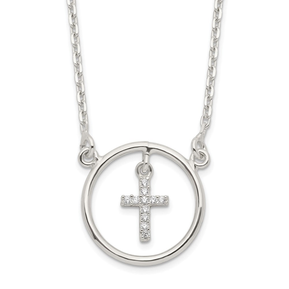 Sterling Silver CZ Cross in Circle Necklace 16 Inches
