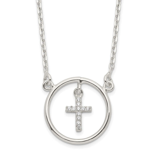 Sterling Silver CZ Cross in Circle Necklace 16 Inches