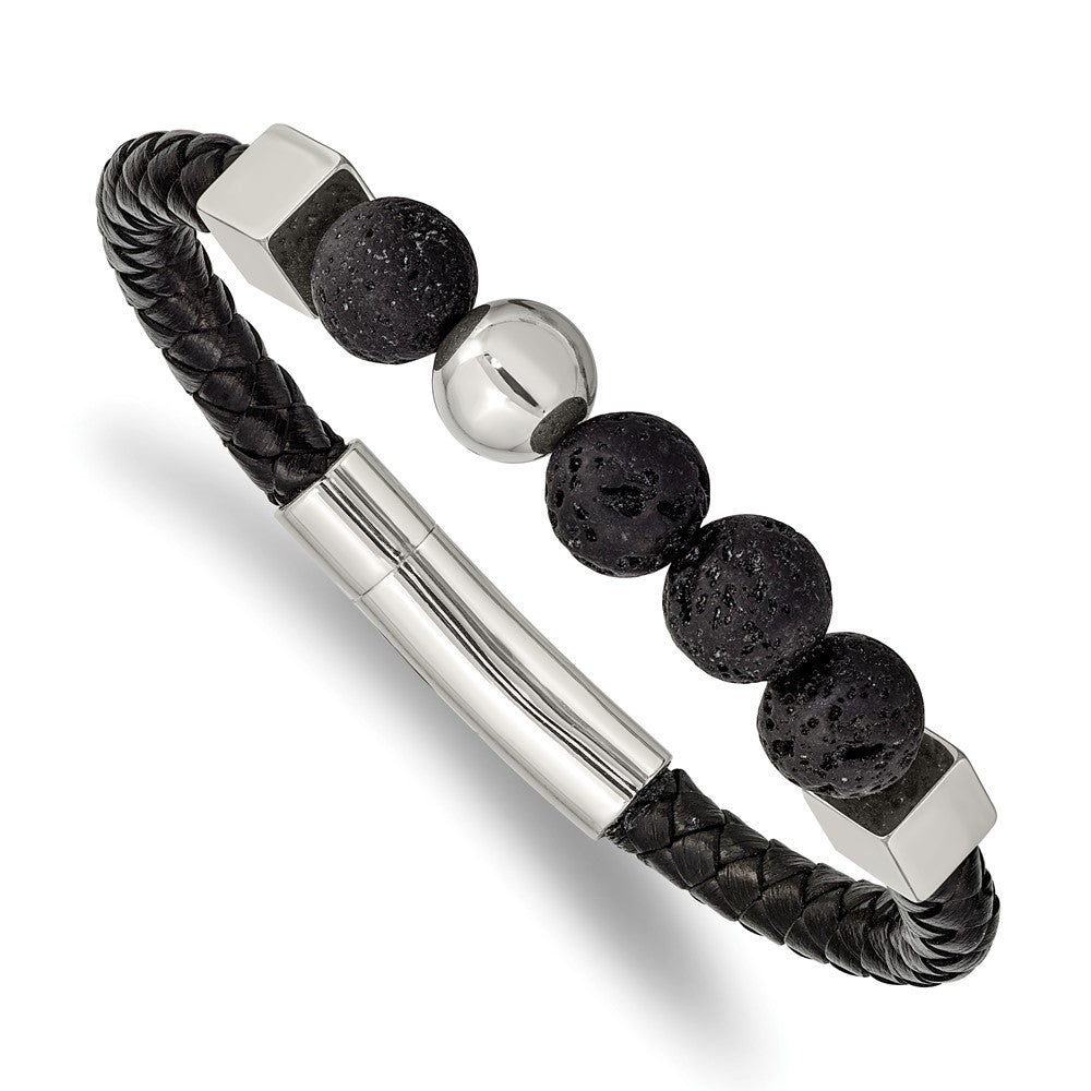 Stainless Steel Polished w/Lava Stone Black Leather 8in Bracelet 8 inches