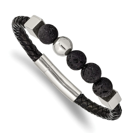 Stainless Steel Polished w/Lava Stone Black Leather 8in Bracelet 8 inches