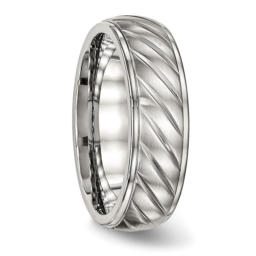 Stainless Steel Polished w/Brushed Center 7mm Grooved Band Size - 9.5