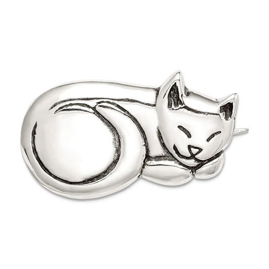 925 Sterling Silver Solid Oxidized Antiqued Sleeping Cat Pin 21x34mm Wide Brooches and-Pin for Women