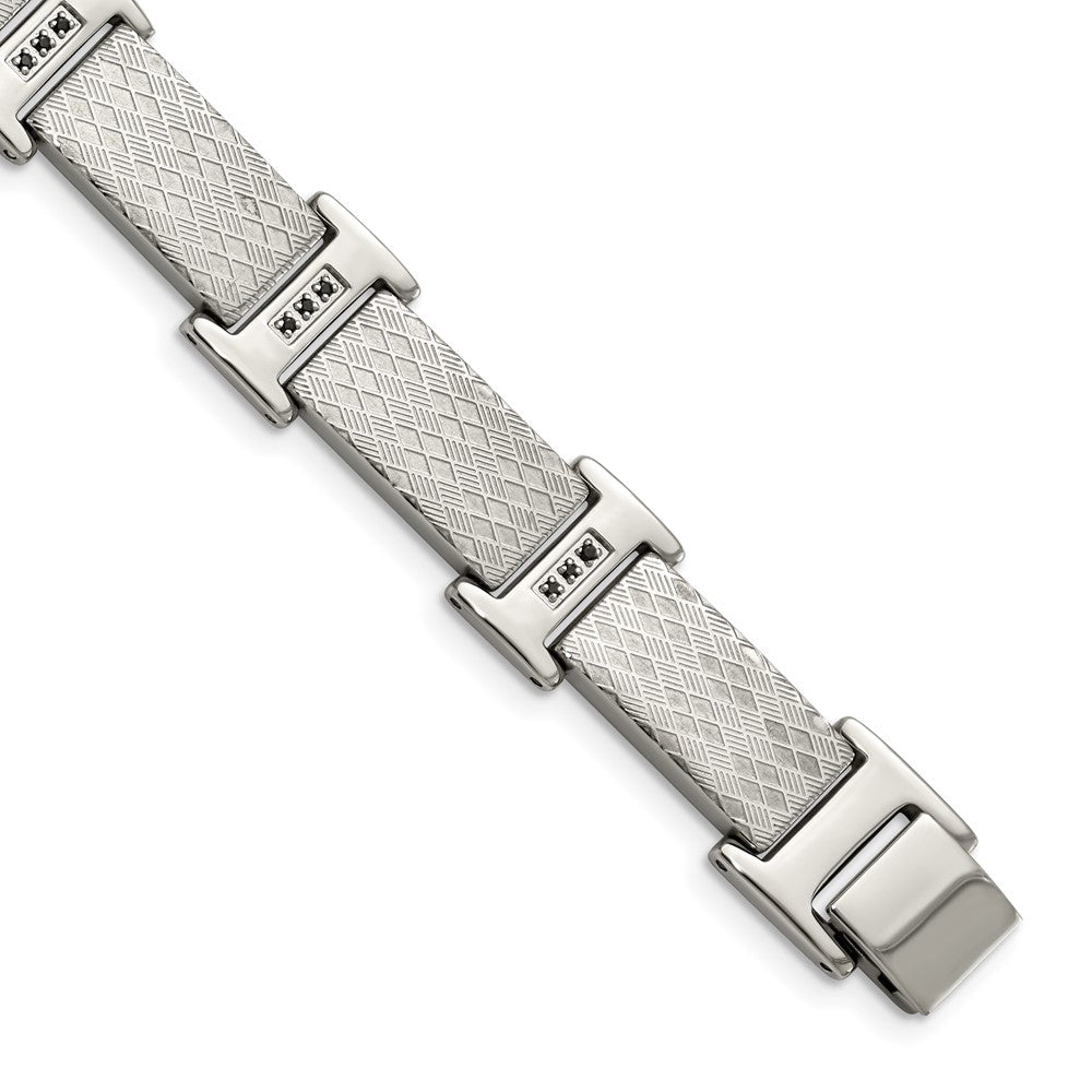 Stainless Steel Polished and Textured with Black CZ 8.5in Bracelet 8.5 inches