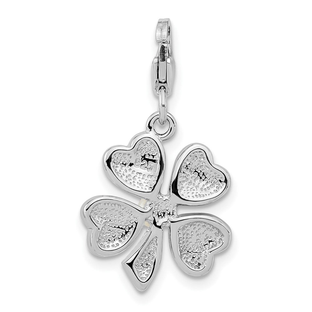 Amore La Vita Sterling Silver Rhodium-plated Polished Freshwater Cultured Pearl and Crystal Clover Charm with Fancy Lobster Clasp