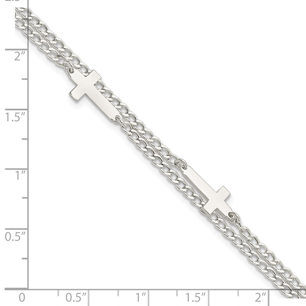 Sterling Silver Double Cross 2-Strand w/1in ext Bracelet 8 inches