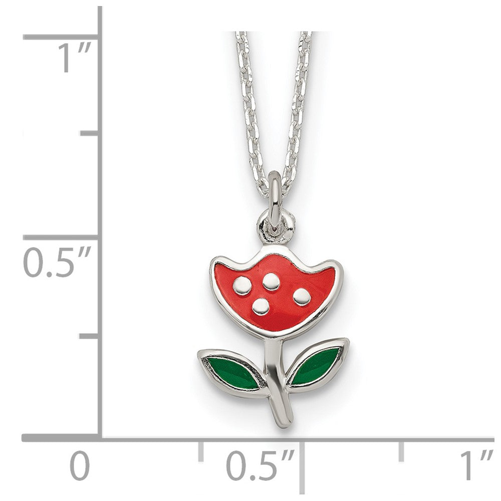 Sterling Silver Polished Red & Green Enameled Flower Children's Necklace 14 Inches