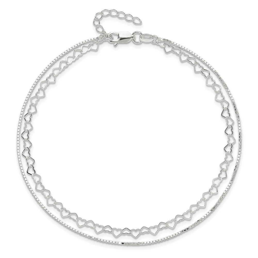 Sterling Silver Polished Double Strand Hearts 9in Plus 1in ext Anklet 9 inches