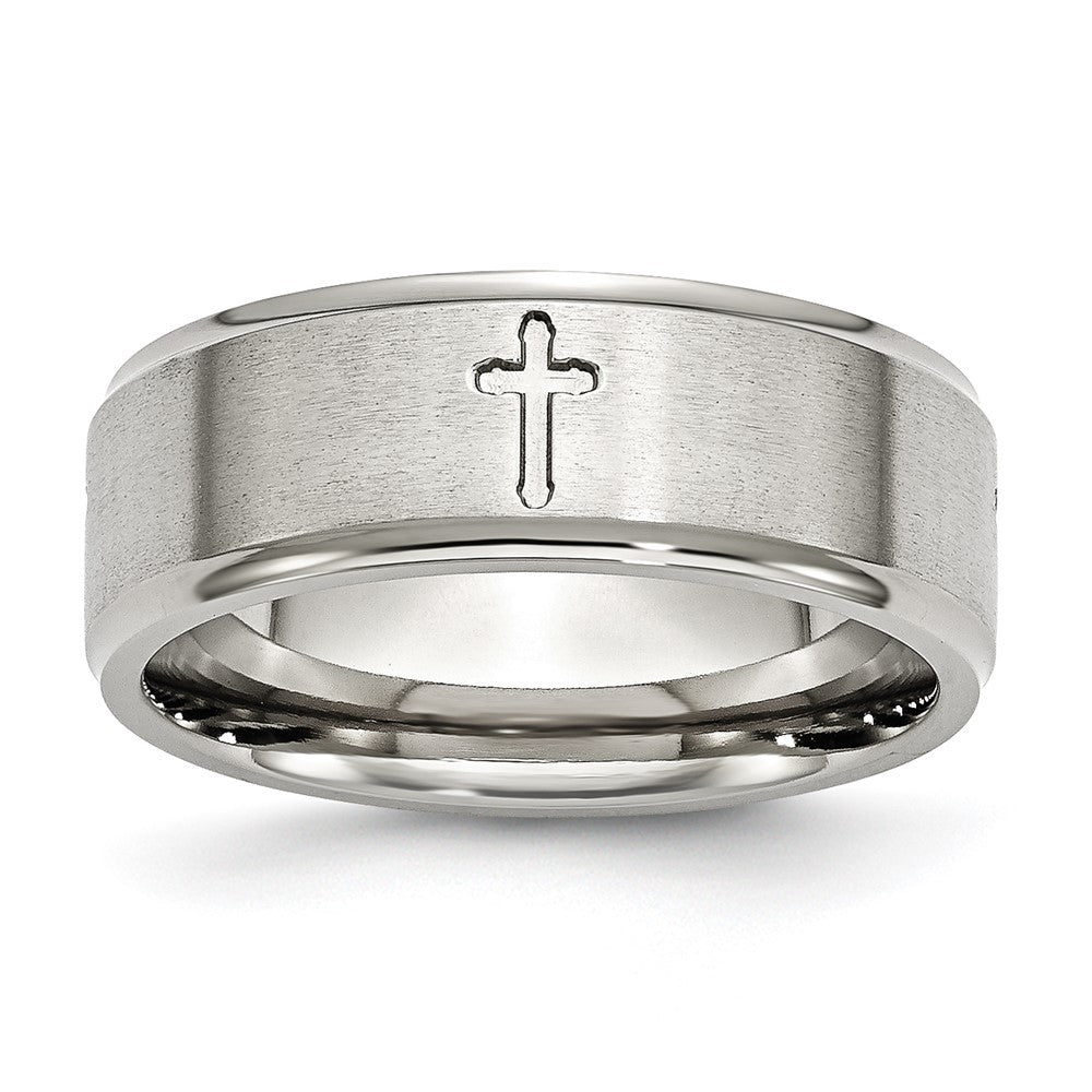 Stainless Steel Brushed and Polished Cross 8mm Ridged Edge Band Size - 10