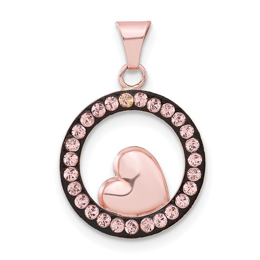 Sterling Silver Pink Ceramic Crystal Heart Circle Pendant