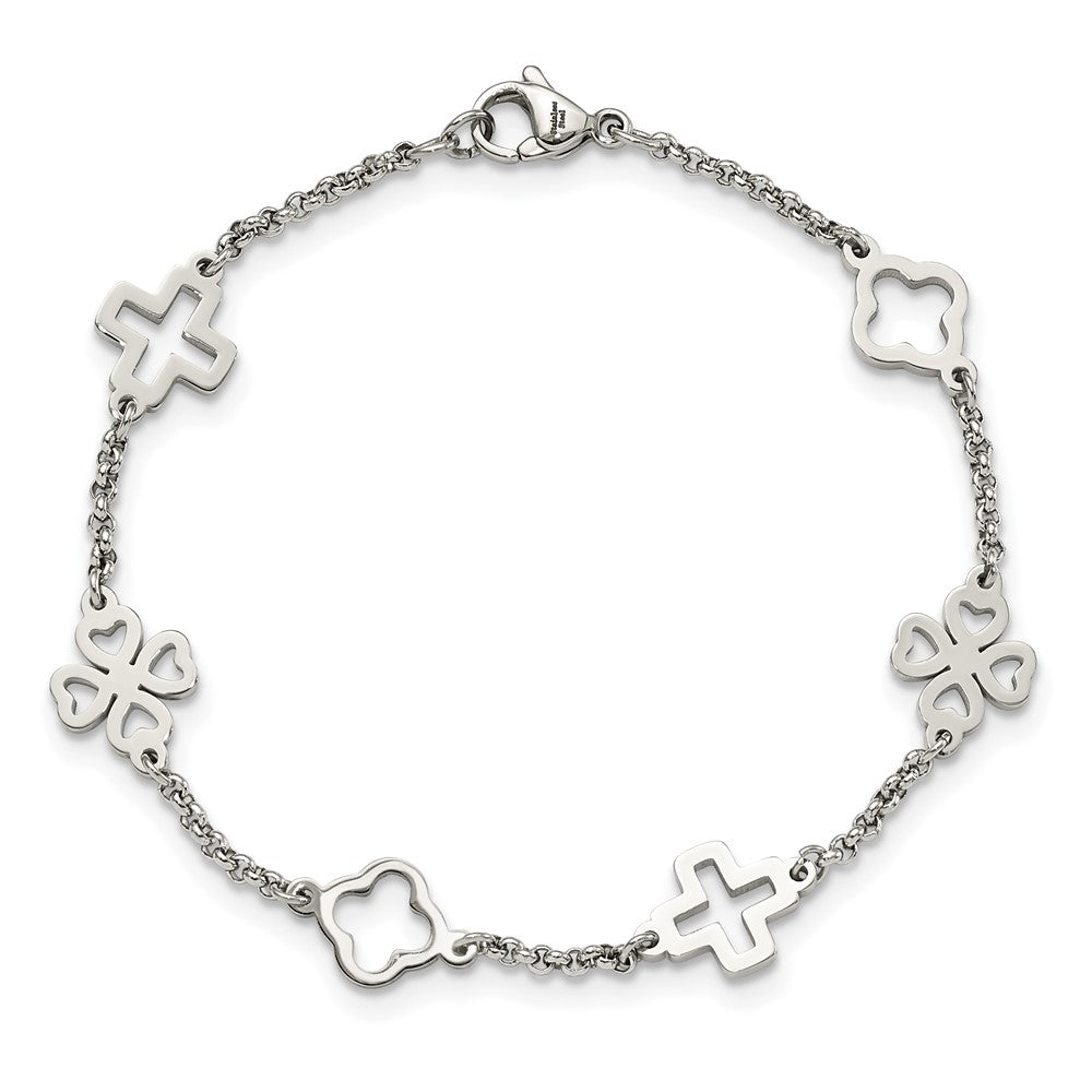 Stainless Steel Polished Cross & Clovers 7.5in Bracelet 7.25 inches