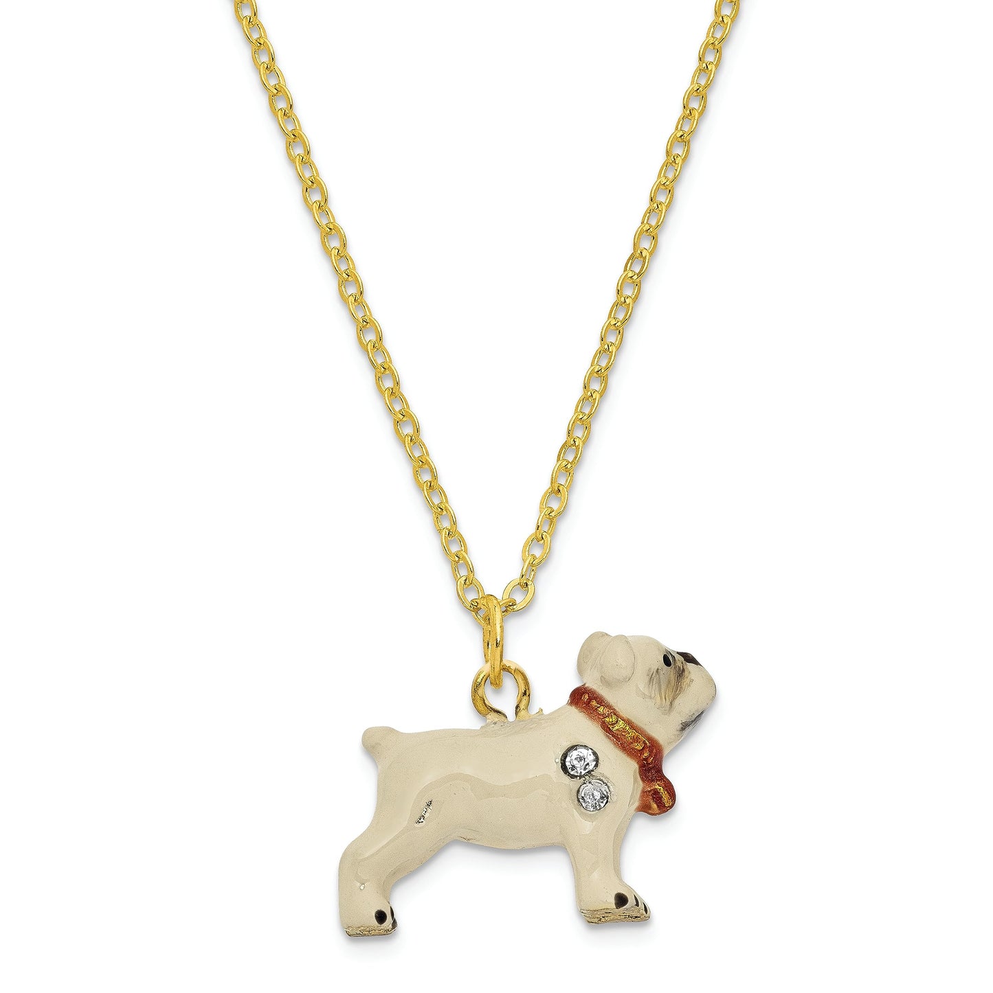 Luxury Giftware by Jere Pewter Bejeweled Crystals Gold-tone Enameled BUTCH Bulldog w/Football Trinket Box with Matching 18 Inch Necklace QBJ2035