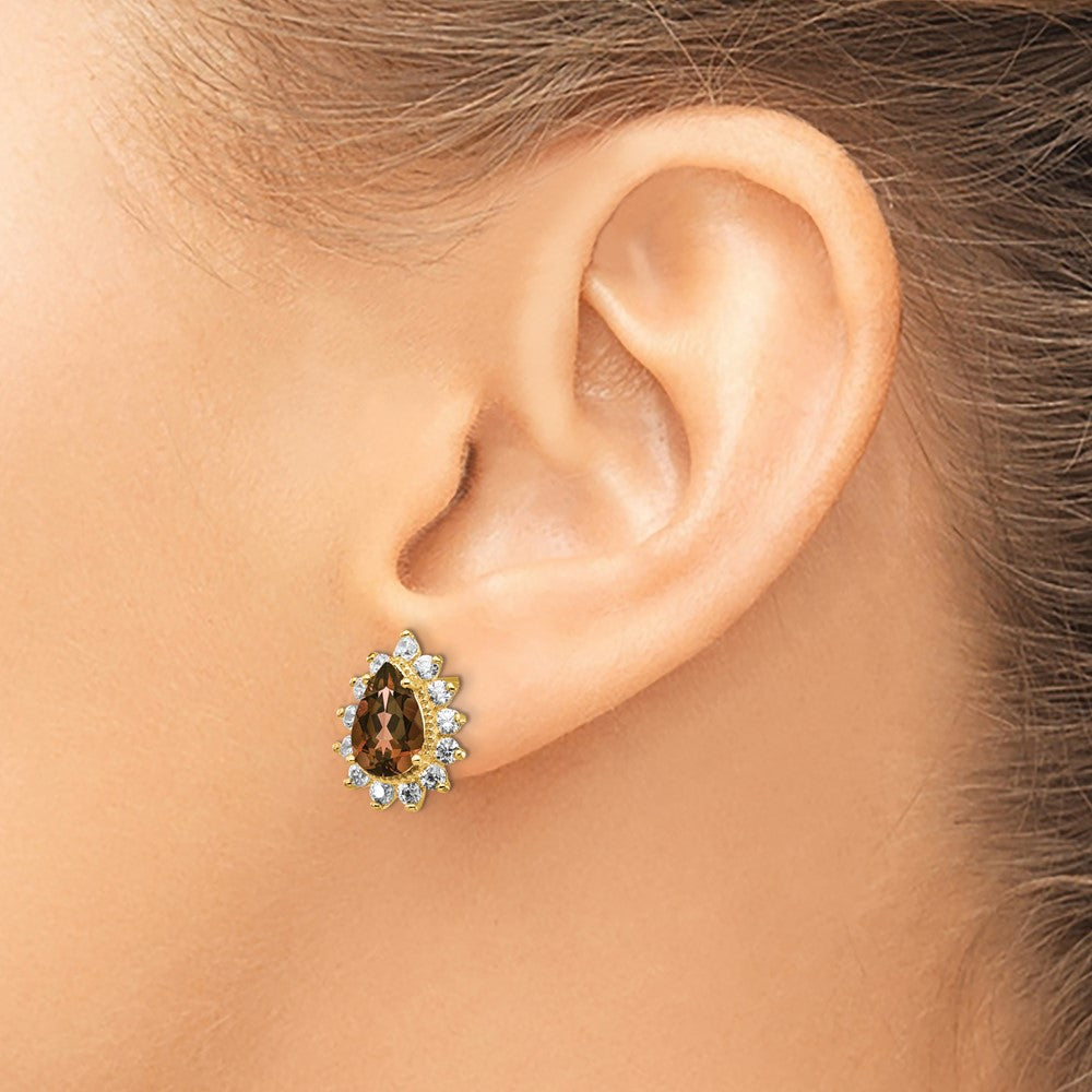 Cheryl M Sterling Silver Gold-plated Brilliant-cut Brown and White Pear Shape CZ Post Earrings