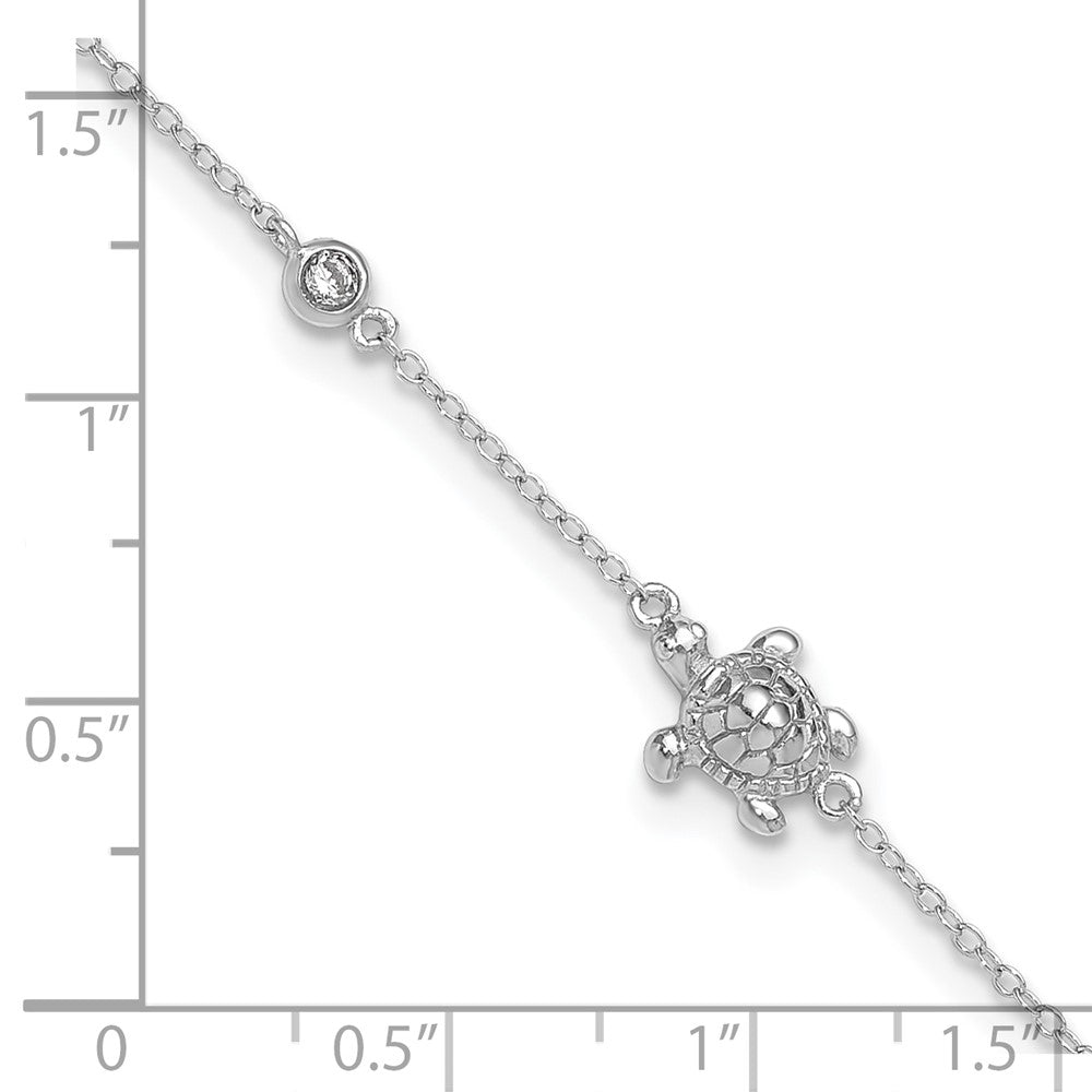 Sterling Silver Rhodium-plated Polished CZ Turtle 9 inch with a 2 inch extention Anklet 9 inches