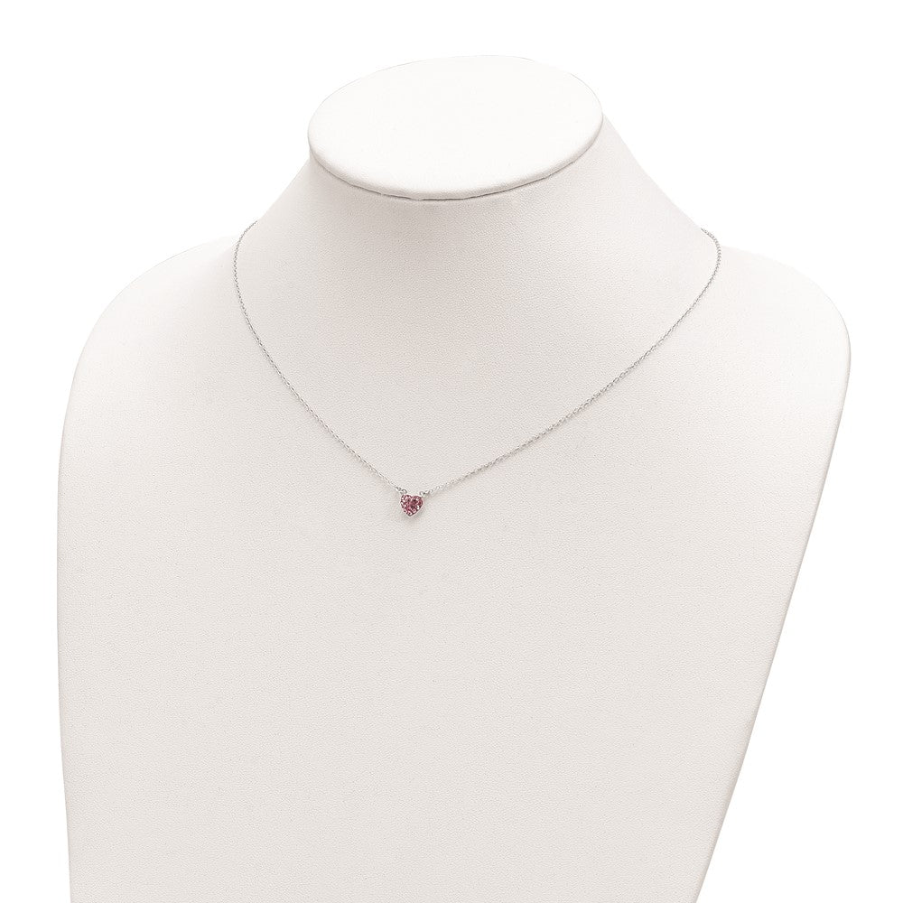 Sterling Silver Rhodium-plated Polished Pink Crystal Heart Necklace 25 Inches
