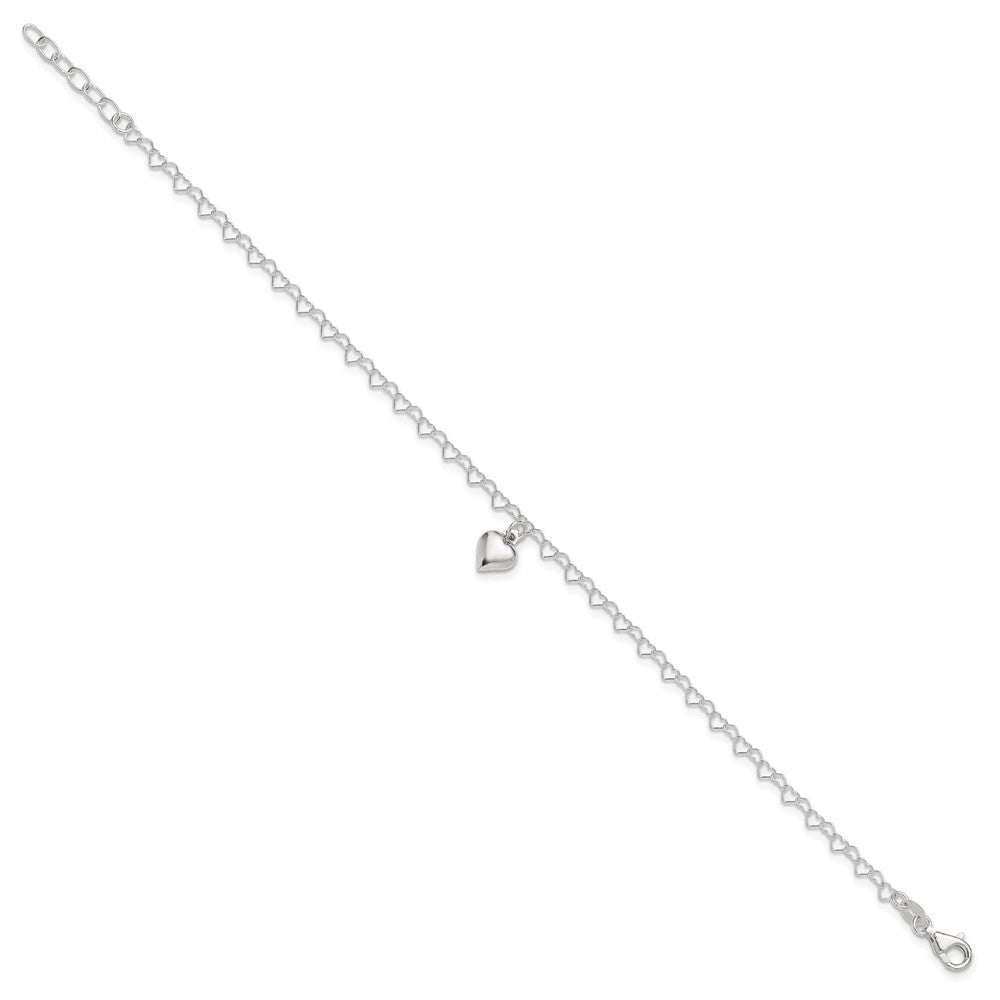 Sterling Silver Polished Fancy Link Puffed Heart 9 in Plus 1in ext. Anklet 9 inches