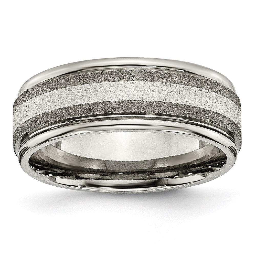 Titanium Polished w/Sterling Silver Inlay Stone Finish Center Grooved Band Size - 7