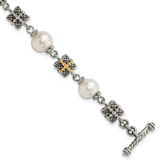 Sterling Silver w/ 14ky Accent Polished & Antiqued Freshwater Cultured Pearl Bracelet