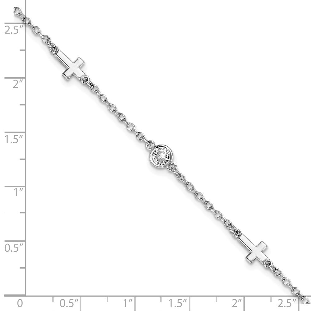 Sterling Silver Rhodium-plated CZ Cross w/ 1in ext. Bracelet 7  inches