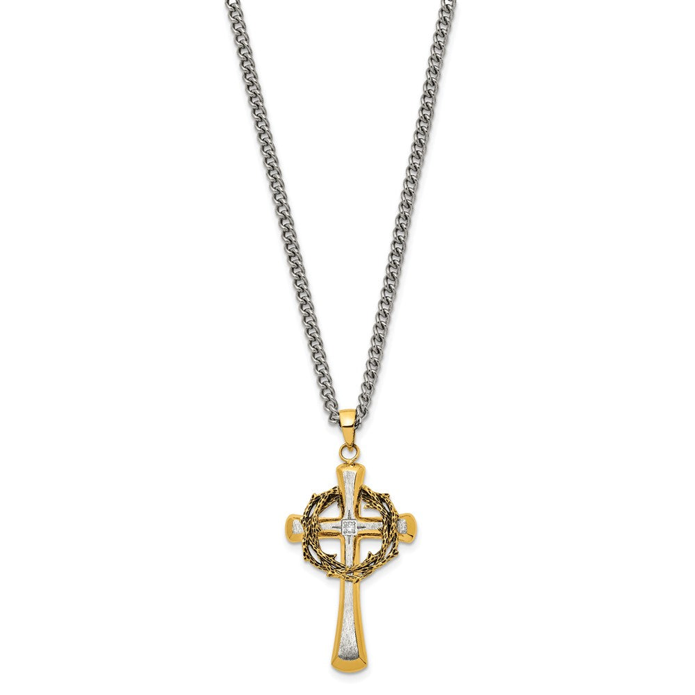 Stainless Steel Brushed and Polished Yellow IP w/CZ Cross 24in Necklace