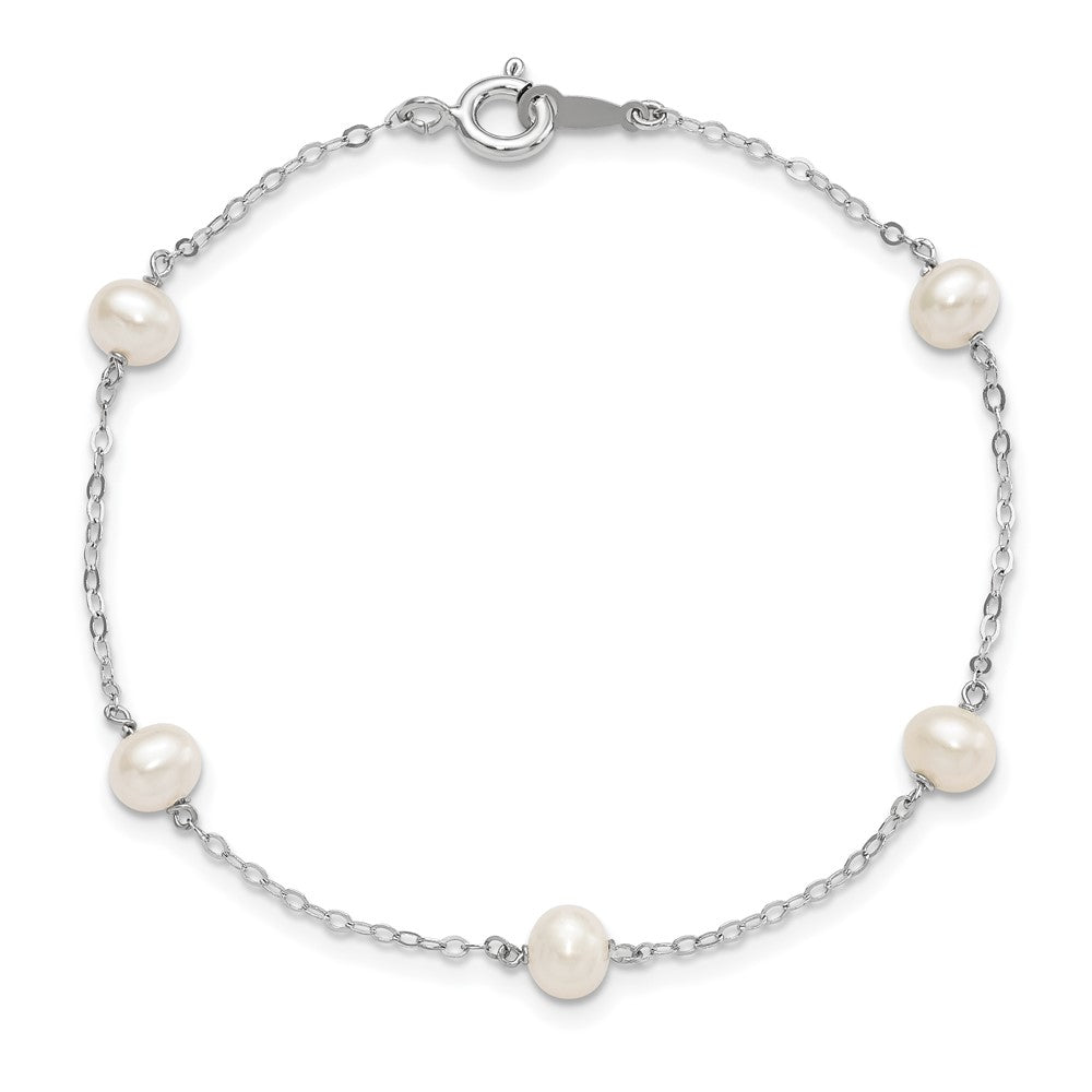 Sterling Silver Rhodium-plated 4-5mm White Semi-Round Freshwater Cultured Pearl 5-Station 7 inch Bracelet 7 inches