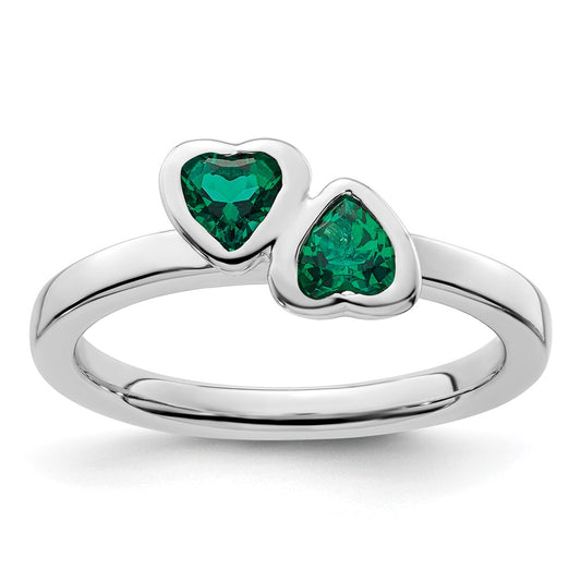 Sterling Silver Stackable Expressions Cr. Emerald Double Heart Ring Size -10