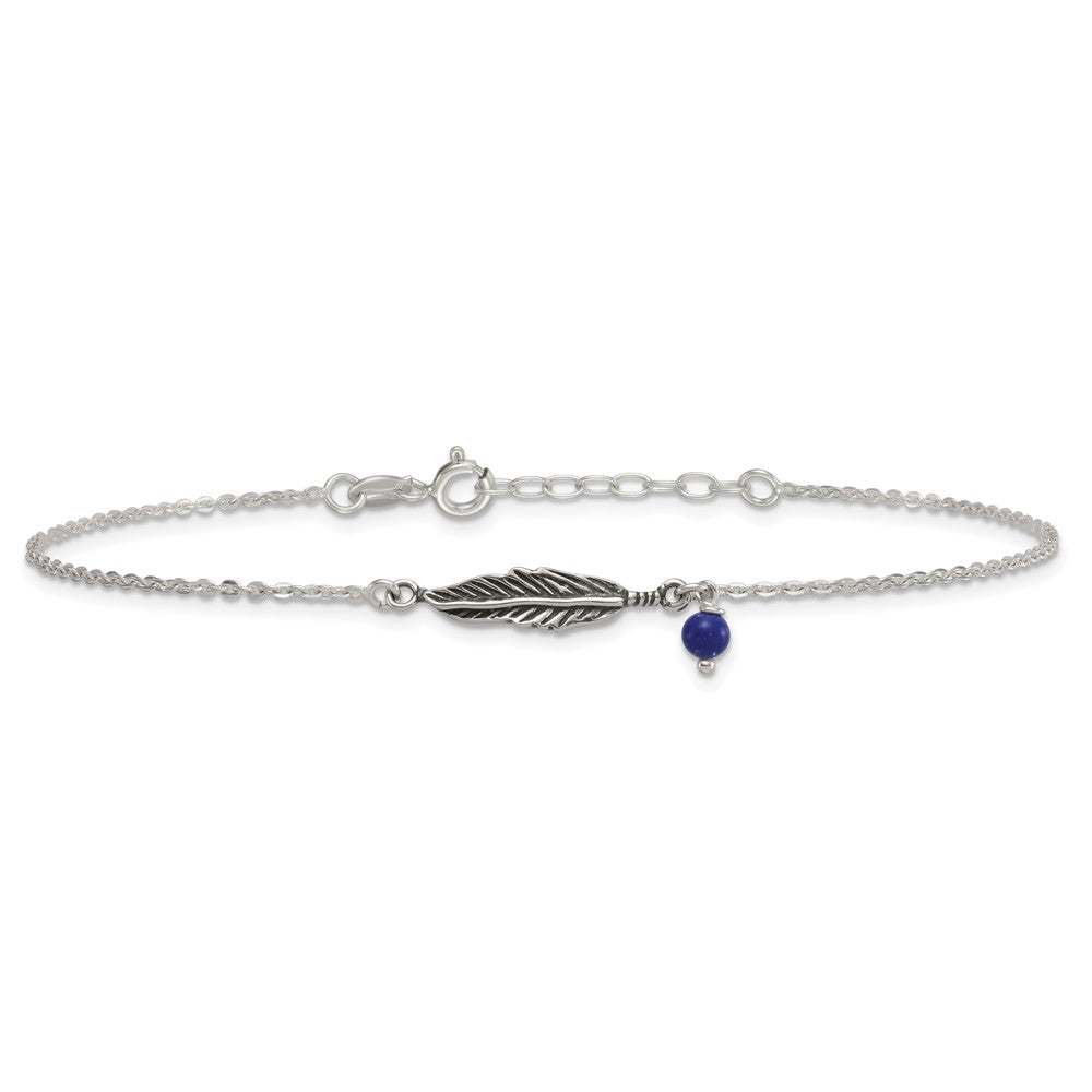 Sterling Silver Polished and Antiqued Feather and Blue Lapis Bead 9 inch with 1 inch Extension Anklet