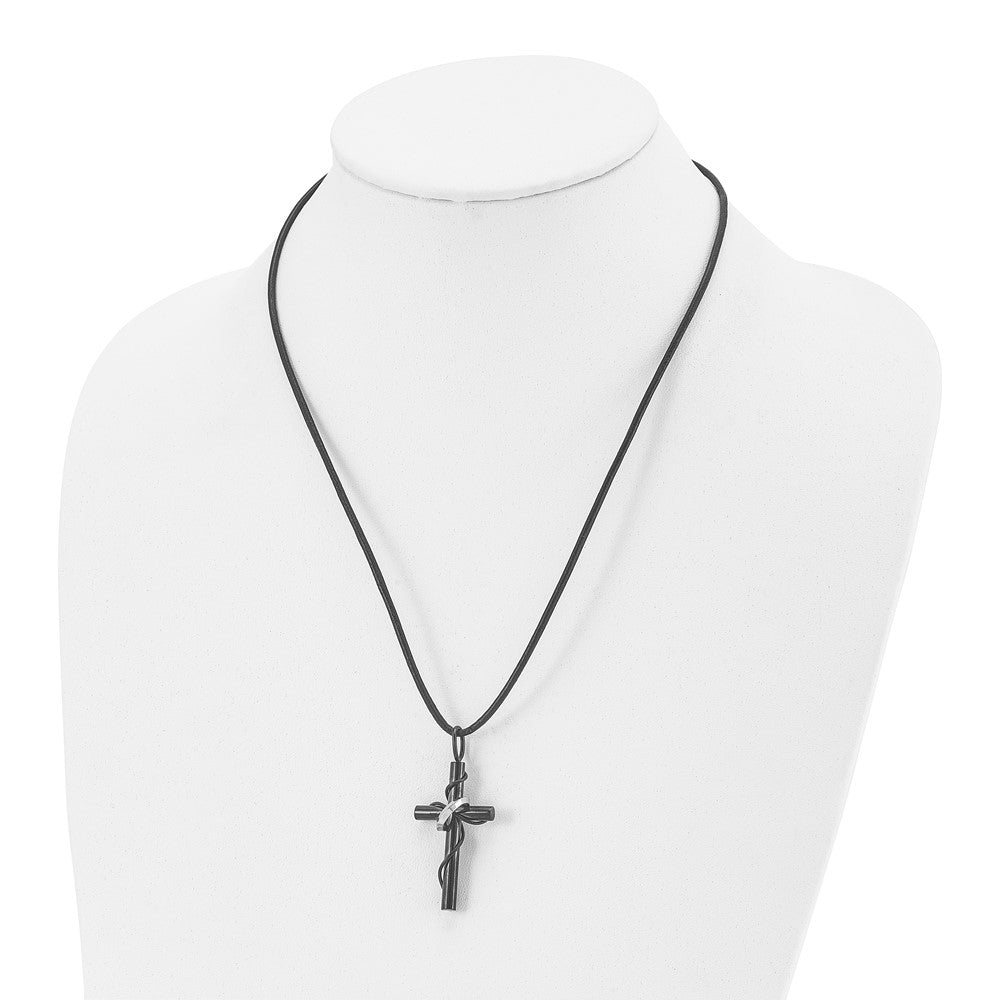 Stainless Steel Polished Black IP-plated Cross 20in Leather Cord Necklace
