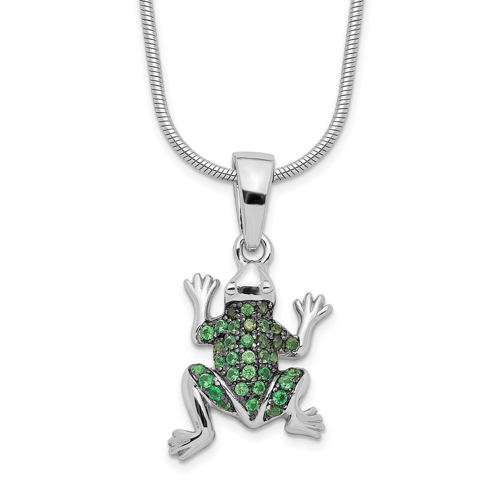 Brilliant Embers Sterling Silver Rhodium-plated 34 Stone 18 inch Micro Pav‚ Green CZ Frog Necklace with 2 Inch Extender 18 Inches