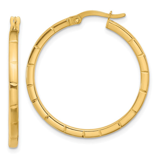 14K Polished and Grooved Round Hoop Earrings