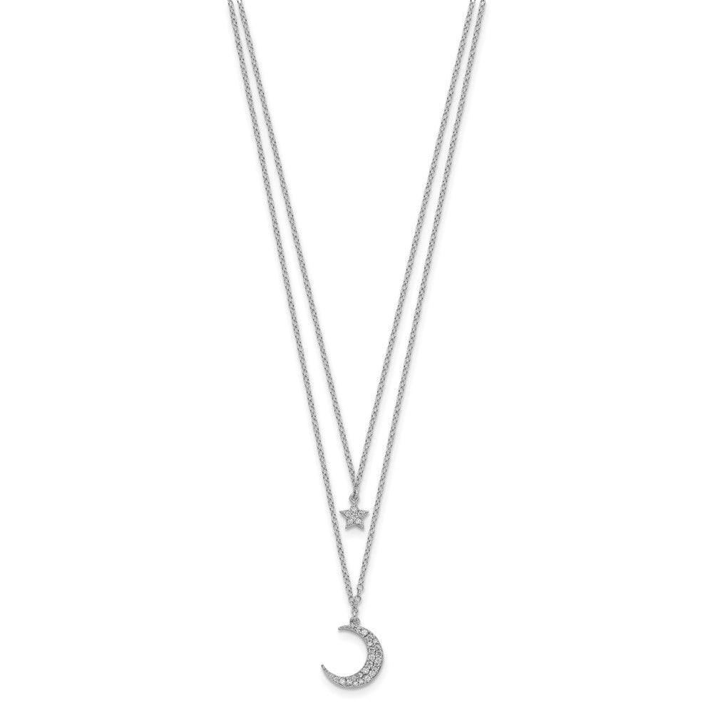 Sterling Silver Rhod-pltd CZ Star and Moon 2in ext 2-strand Necklace 16 Inches
