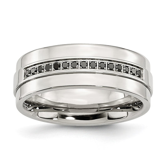 Stainless Steel Polished 1/6ct Black Diamond 8mm Flat Band Size - 11