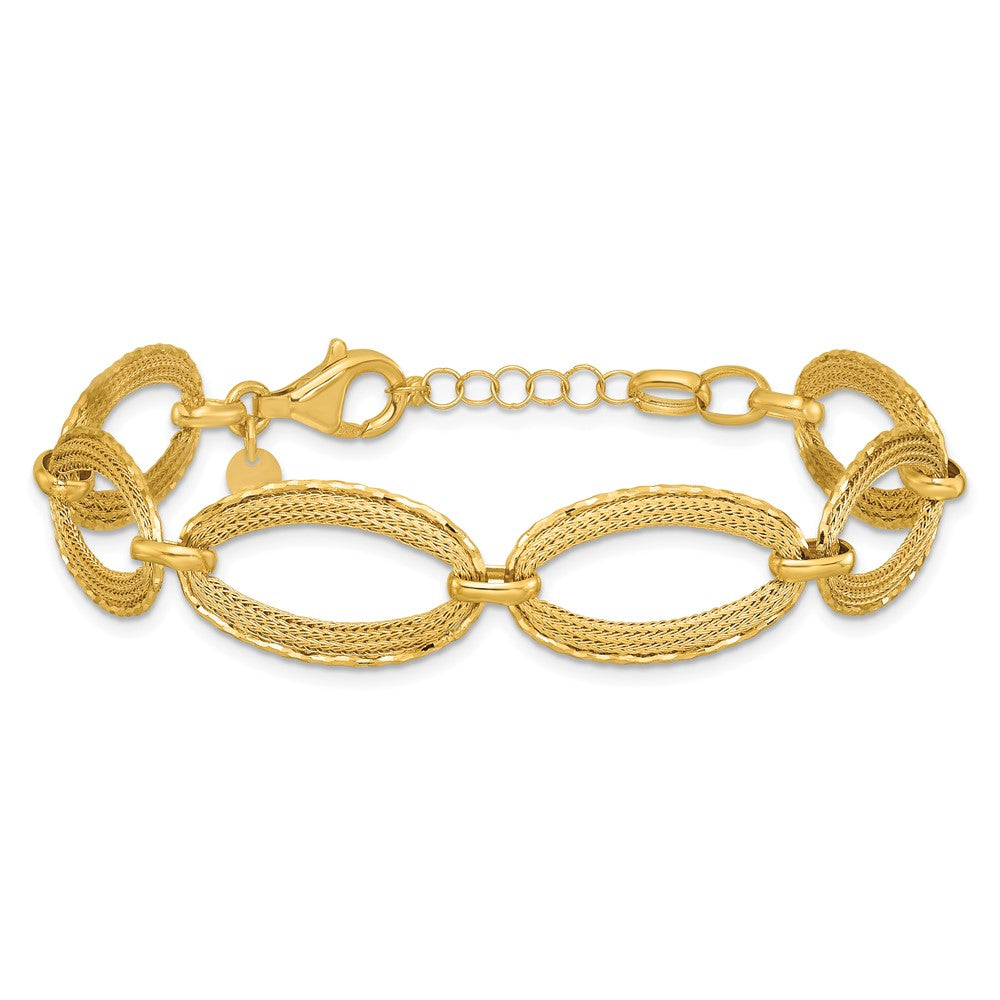 14K Polished/Texture/Dia-cut Ovals w/1in Ext. Bracelet 7  inches